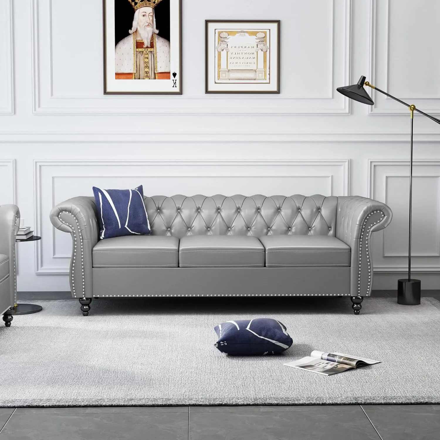 2 Piece Living Room Set, Chesterfield Leather Sofa Loveseat Couch Chair with Scroll Arms and Nailhead for Living Room, Office (Grey)