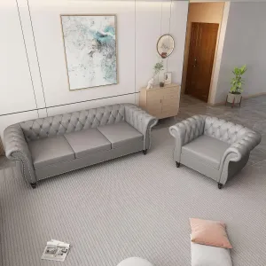 2 Piece Living Room Set, Chesterfield Leather Sofa Loveseat Couch Chair with Scroll Arms and Nailhead for Living Room, Office (Grey)