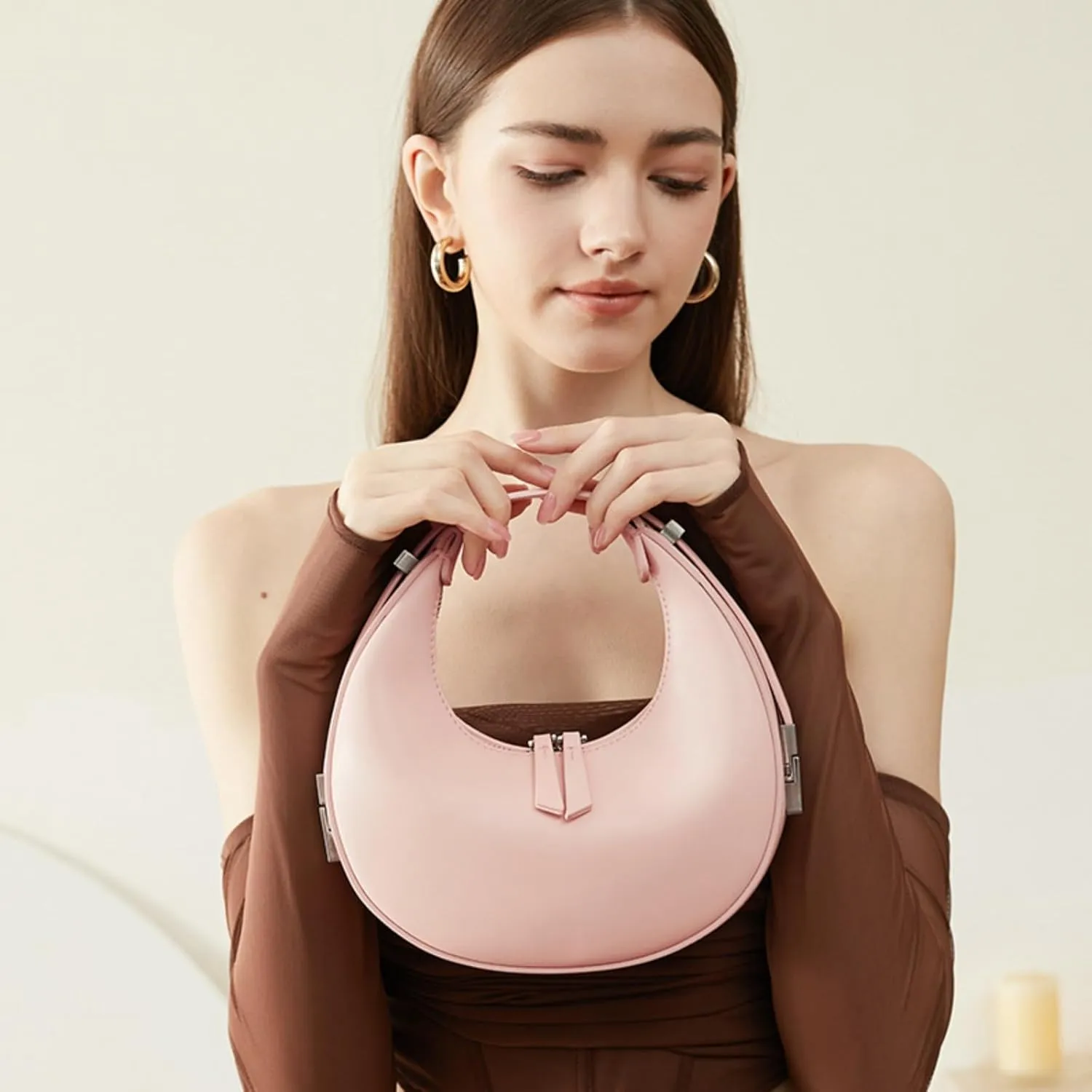 2023 New Ladies Genuine Leather Shoulder Handle Underarm Crescent Bag, Y2k Fashionable Adjustable Moon Bag With Handle. (apricot)