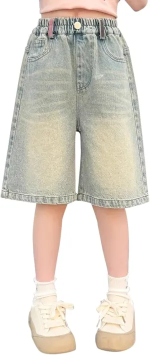 2025 Girls Mid-Length Denim Shorts Girl Trendy Vintage Y2K Elastic Waist Jeans Summer Autumn Casual Outdoor Shorts