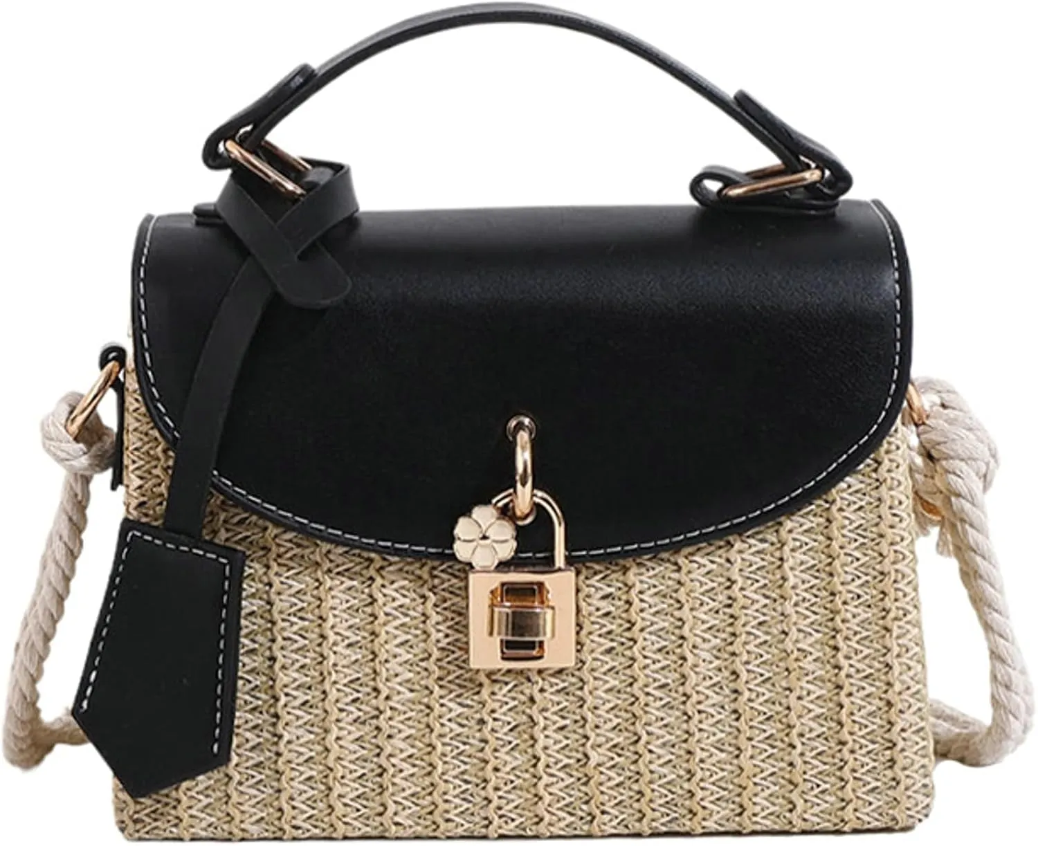 2025 Woven Straw Satchel Crossbody Bag Women Flap Box Shoulder Handbag PU Handle Cotton Rope Strap