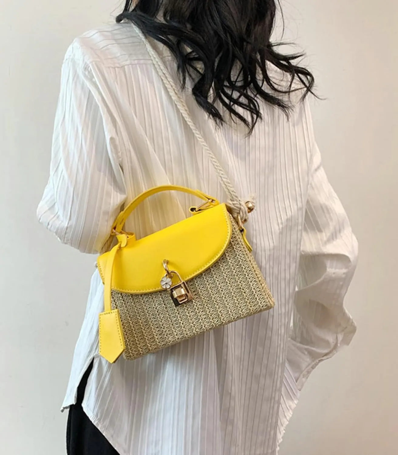 2025 Woven Straw Satchel Crossbody Bag Women Flap Box Shoulder Handbag PU Handle Cotton Rope Strap