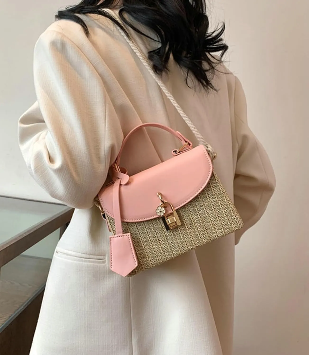 2025 Woven Straw Satchel Crossbody Bag Women Flap Box Shoulder Handbag PU Handle Cotton Rope Strap
