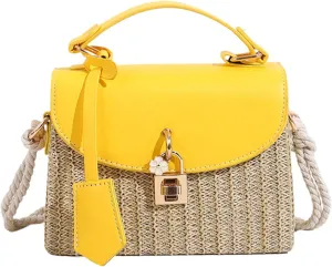 2025 Woven Straw Satchel Crossbody Bag Women Flap Box Shoulder Handbag PU Handle Cotton Rope Strap