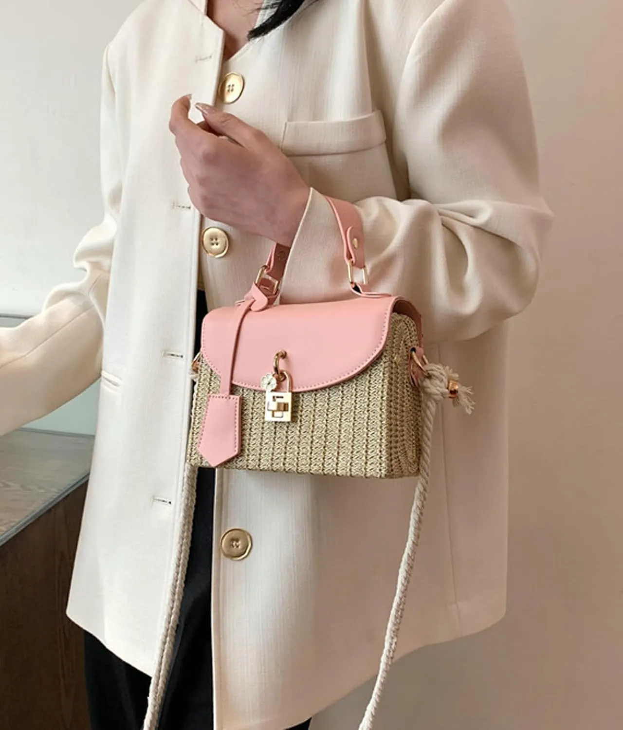 2025 Woven Straw Satchel Crossbody Bag Women Flap Box Shoulder Handbag PU Handle Cotton Rope Strap