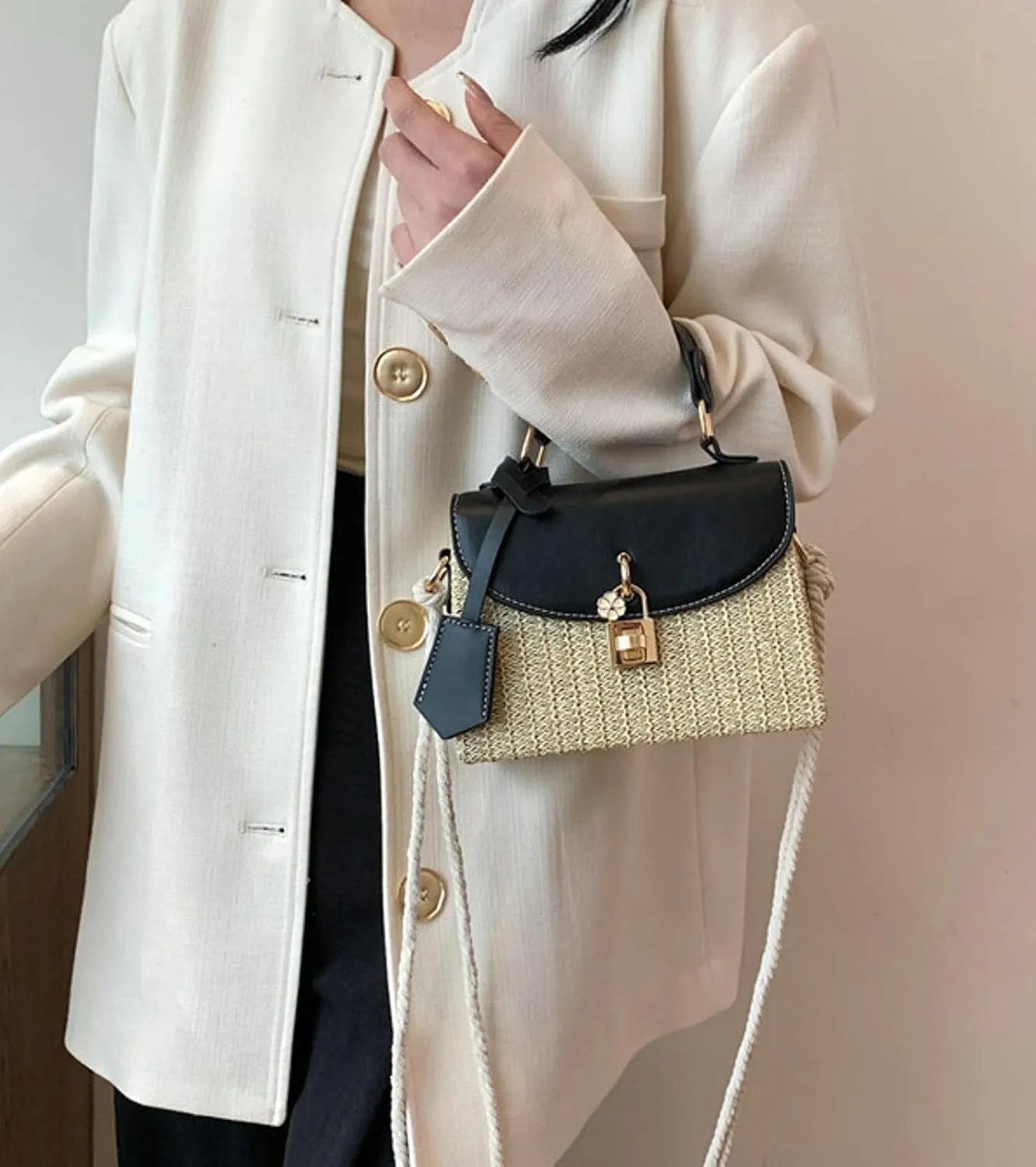 2025 Woven Straw Satchel Crossbody Bag Women Flap Box Shoulder Handbag PU Handle Cotton Rope Strap