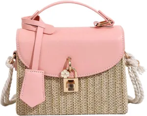 2025 Woven Straw Satchel Crossbody Bag Women Flap Box Shoulder Handbag PU Handle Cotton Rope Strap
