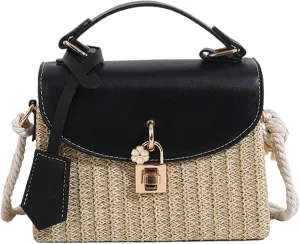 2025 Woven Straw Satchel Crossbody Bag Women Flap Box Shoulder Handbag PU Handle Cotton Rope Strap