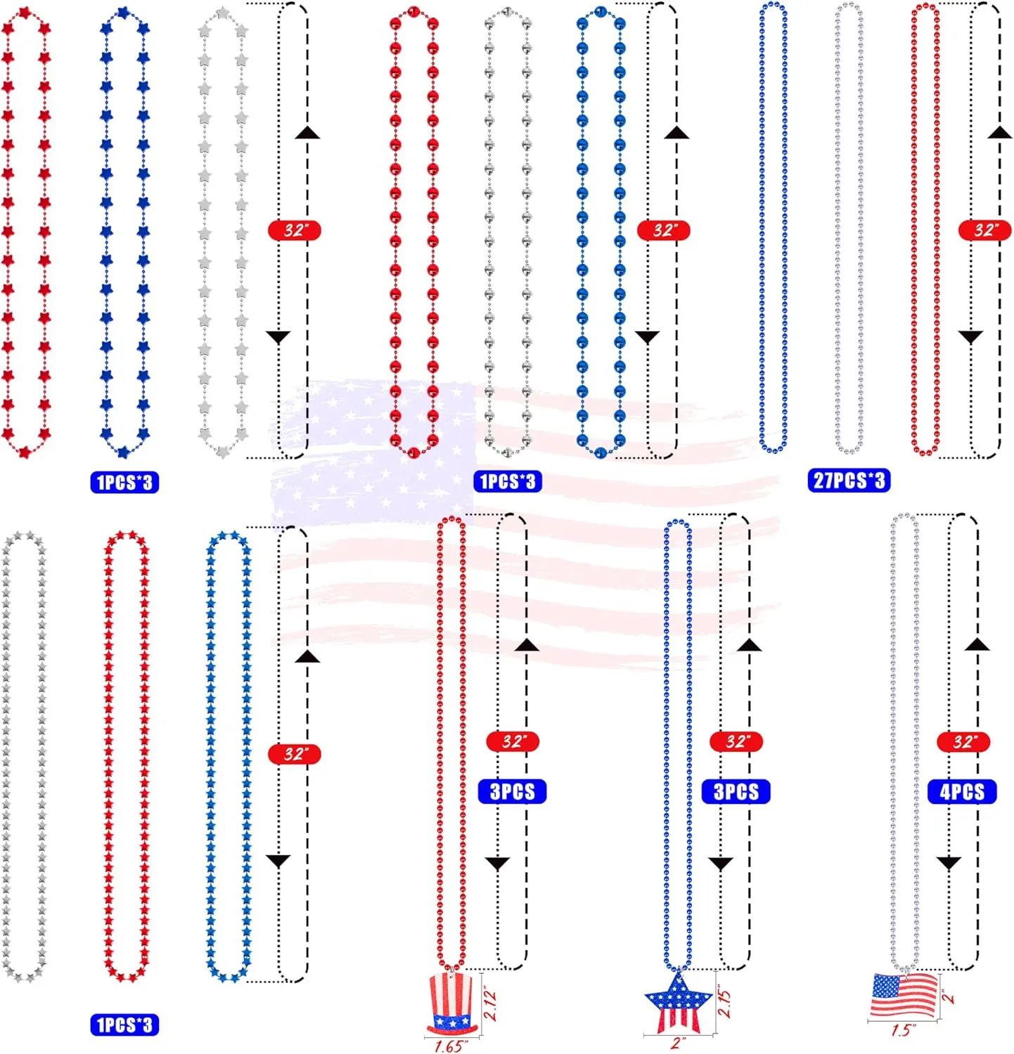 20PCS Fourth/4th of July Necklaces Beads: Patriotic Accessories Bulk Memorial Day Party Favors Toys Decor Decorations-Star Uncle Sam Hats