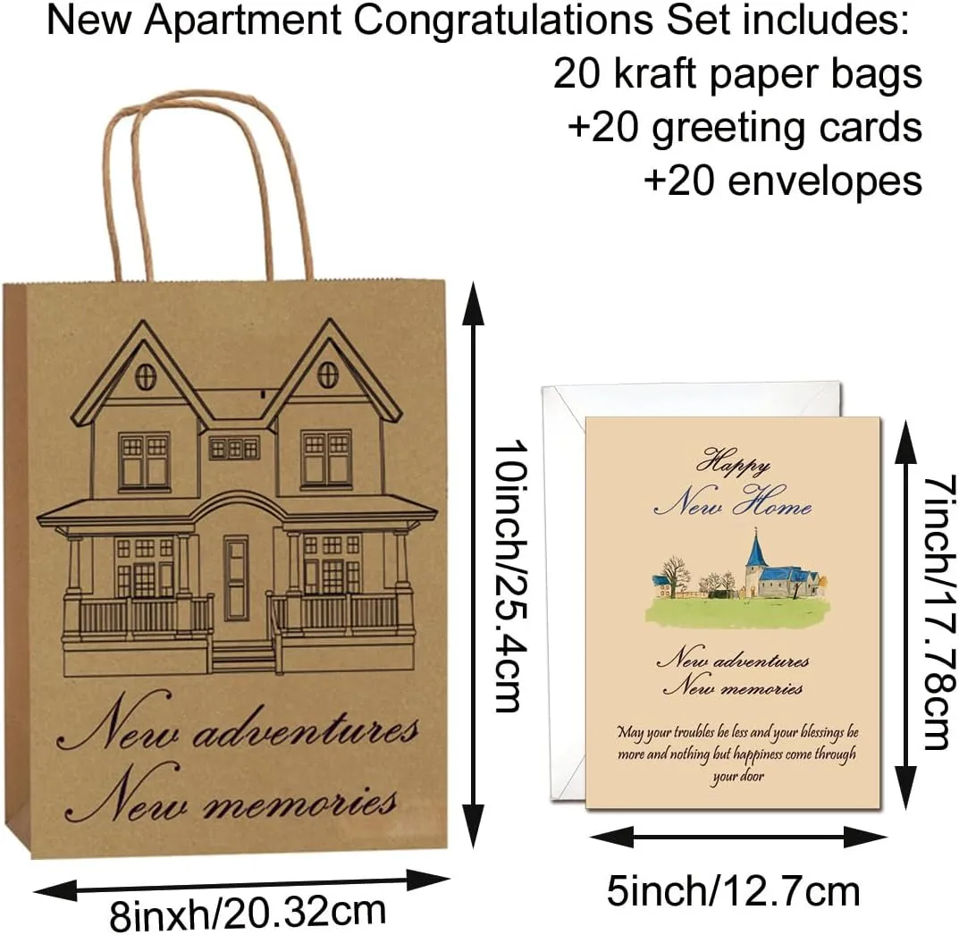 20Set House Pattern Gift Bags – New Home Card Handles & Kraft Paper Wrap for Real Estate Agents & House Warming Parties | Eco-Friendly New Adventures Theme Closing Gifts
