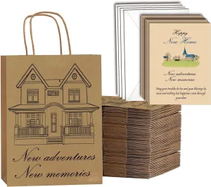 20Set House Pattern Gift Bags – New Home Card Handles & Kraft Paper Wrap for Real Estate Agents & House Warming Parties | Eco-Friendly New Adventures Theme Closing Gifts