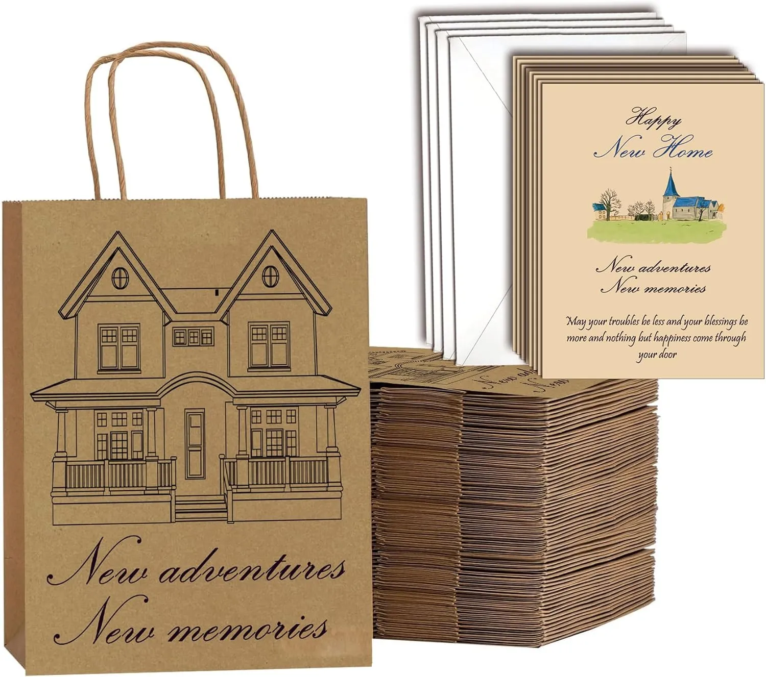 20Set House Pattern Gift Bags – New Home Card Handles & Kraft Paper Wrap for Real Estate Agents & House Warming Parties | Eco-Friendly New Adventures Theme Closing Gifts