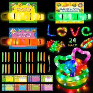 24 Pack Valentine Day Gift for Kids with Gift Cards, LED Light up Pop Tubes, Glow Sticks In The Dark Party Supplies, Glow Necklace & Brancelets Party Favors Decorations, Stocking Stuffers Return Gifts