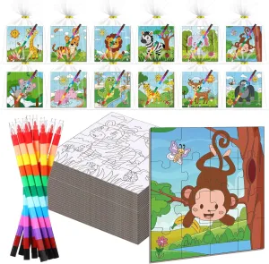 24 Pack Wild Animal Puzzles Jungle Safari Color Your Own Puzzles DIY Wild One Jigsaw Puzzles with 12 Stackable Crayons and 12 Bags for Safari Theme Gifts Birthday Party Supplies