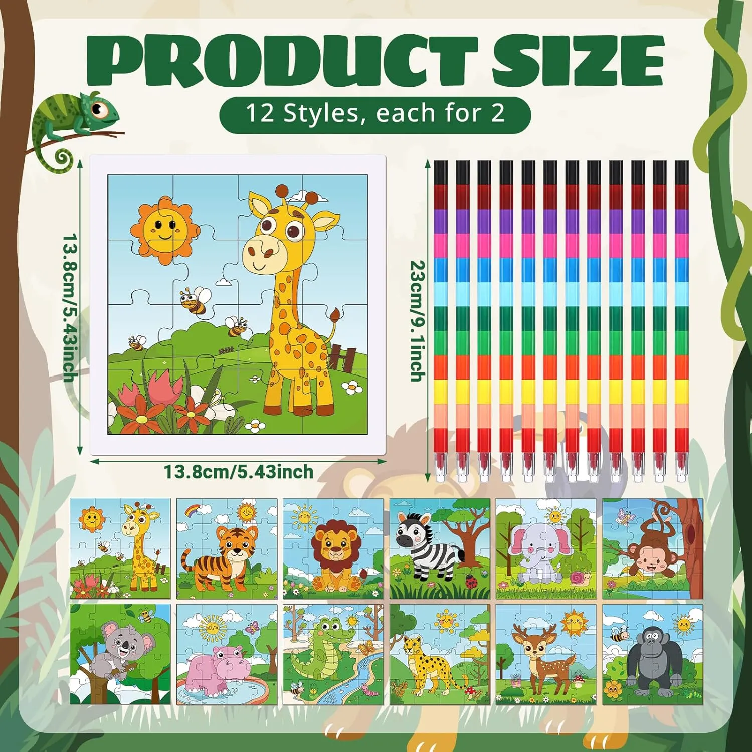 24 Pack Wild Animal Puzzles Jungle Safari Color Your Own Puzzles DIY Wild One Jigsaw Puzzles with 12 Stackable Crayons and 12 Bags for Safari Theme Gifts Birthday Party Supplies