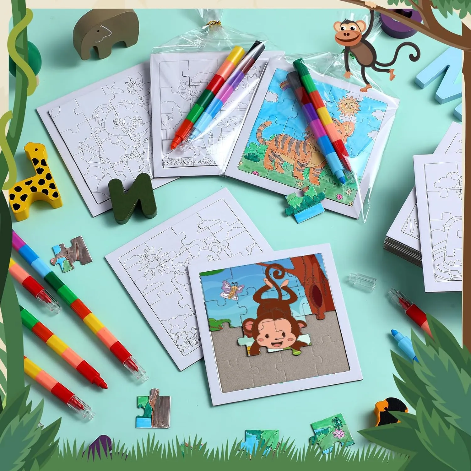 24 Pack Wild Animal Puzzles Jungle Safari Color Your Own Puzzles DIY Wild One Jigsaw Puzzles with 12 Stackable Crayons and 12 Bags for Safari Theme Gifts Birthday Party Supplies