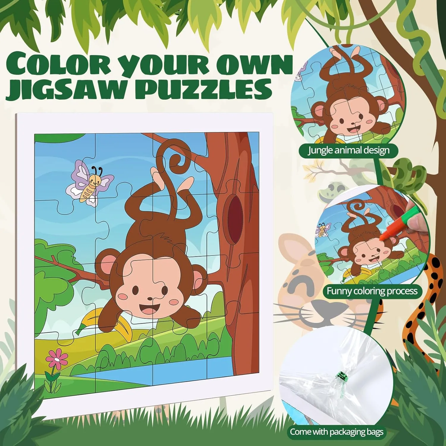 24 Pack Wild Animal Puzzles Jungle Safari Color Your Own Puzzles DIY Wild One Jigsaw Puzzles with 12 Stackable Crayons and 12 Bags for Safari Theme Gifts Birthday Party Supplies