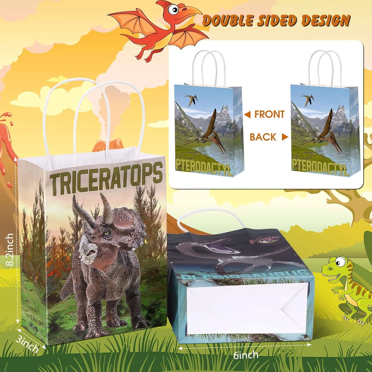24 Pcs Dinosaur Candy Bags with Handle, Dinosaur Party Favor Paper Bags Kids Gifts Goodie Treat Wrapping for Boys Girls Dino Theme Birthday Baby Shower Party Supplies(Simulated Style)