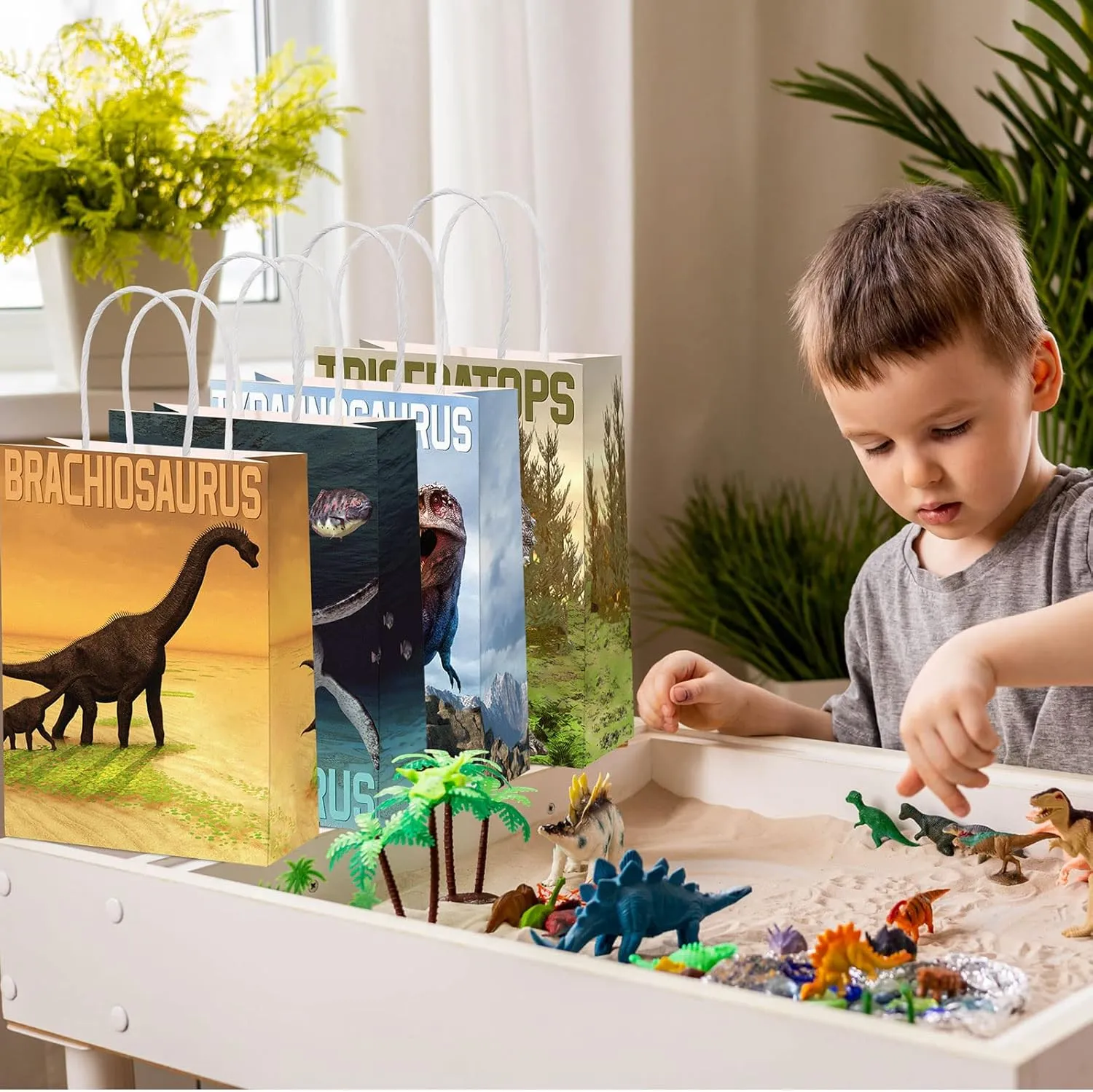 24 Pcs Dinosaur Candy Bags with Handle, Dinosaur Party Favor Paper Bags Kids Gifts Goodie Treat Wrapping for Boys Girls Dino Theme Birthday Baby Shower Party Supplies(Simulated Style)