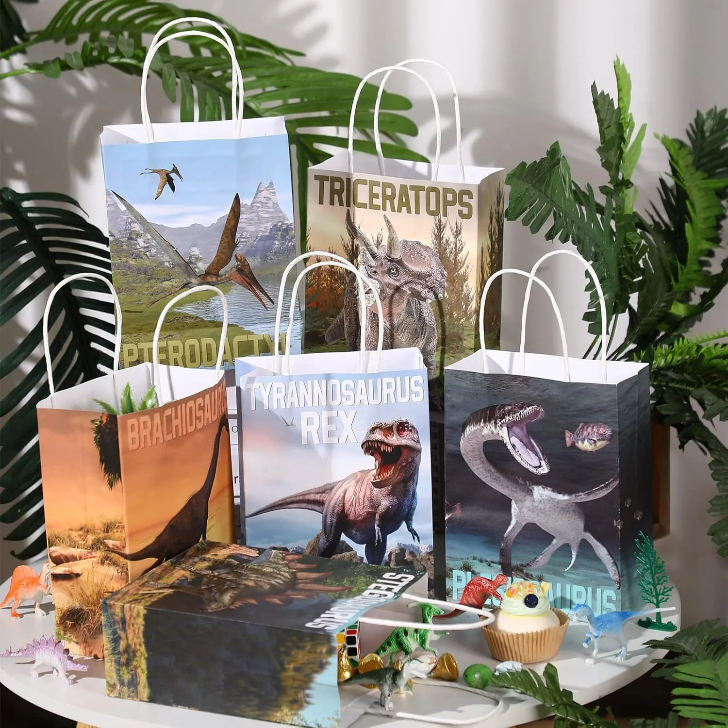 24 Pcs Dinosaur Candy Bags with Handle, Dinosaur Party Favor Paper Bags Kids Gifts Goodie Treat Wrapping for Boys Girls Dino Theme Birthday Baby Shower Party Supplies(Simulated Style)
