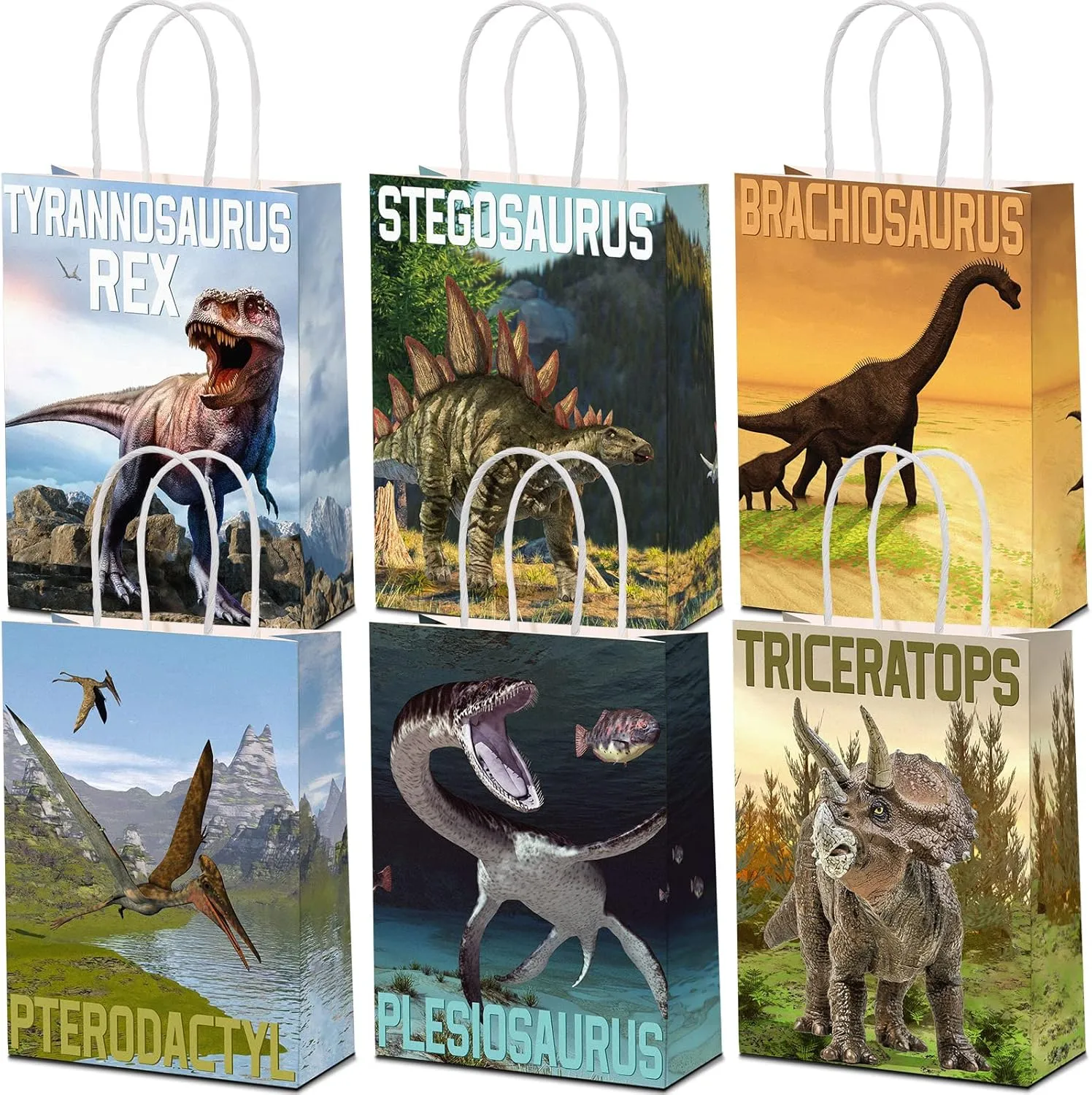 24 Pcs Dinosaur Candy Bags with Handle, Dinosaur Party Favor Paper Bags Kids Gifts Goodie Treat Wrapping for Boys Girls Dino Theme Birthday Baby Shower Party Supplies(Simulated Style)
