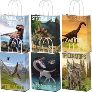 24 Pcs Dinosaur Candy Bags with Handle, Dinosaur Party Favor Paper Bags Kids Gifts Goodie Treat Wrapping for Boys Girls Dino Theme Birthday Baby Shower Party Supplies(Simulated Style)