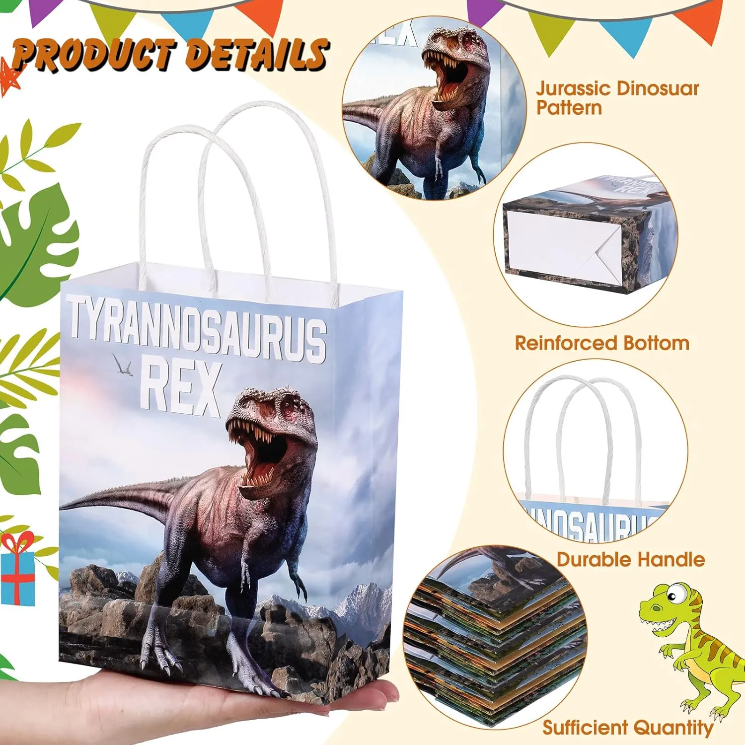 24 Pcs Dinosaur Candy Bags with Handle, Dinosaur Party Favor Paper Bags Kids Gifts Goodie Treat Wrapping for Boys Girls Dino Theme Birthday Baby Shower Party Supplies(Simulated Style)