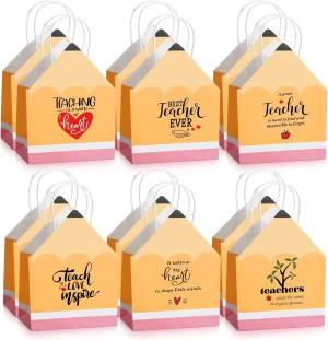 24 Pcs Teachers Appreciation Gift Bags Pencil Shaped Gift Bags with Handle Teacher Thank You Gifts Wrap Bags for Employee Gifts, 7.9 x 10.2 x 3.9 Inches, 6 Styles
