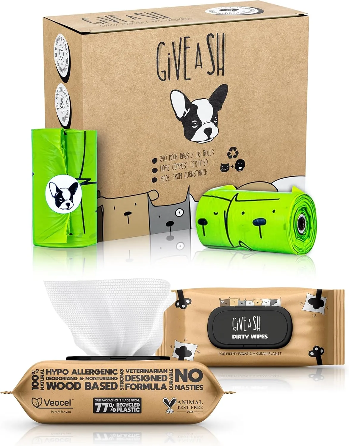 240 Compostable Dog Poop Bags and 100 Plant-Based Pet Wipes – Champion Animal Welfare & The Planet