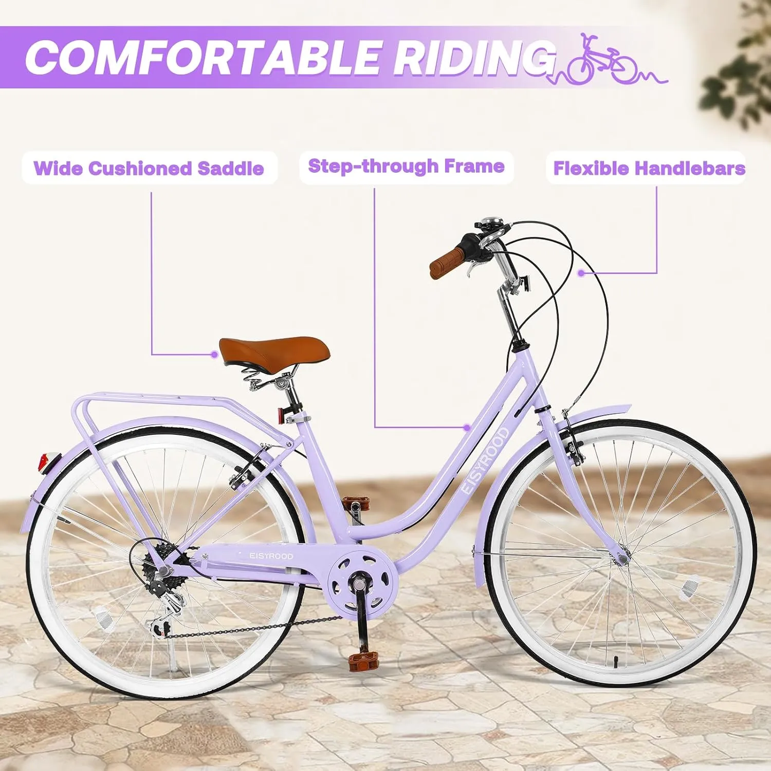 26 Inch Women Beach Cruiser Bike, 7 Speed Hybrid Cruiser Bike with Adjustable Seat, Beach Cruiser Commute Bike with Lightweight, Anti-Skid Tires & V-Brakes for Women