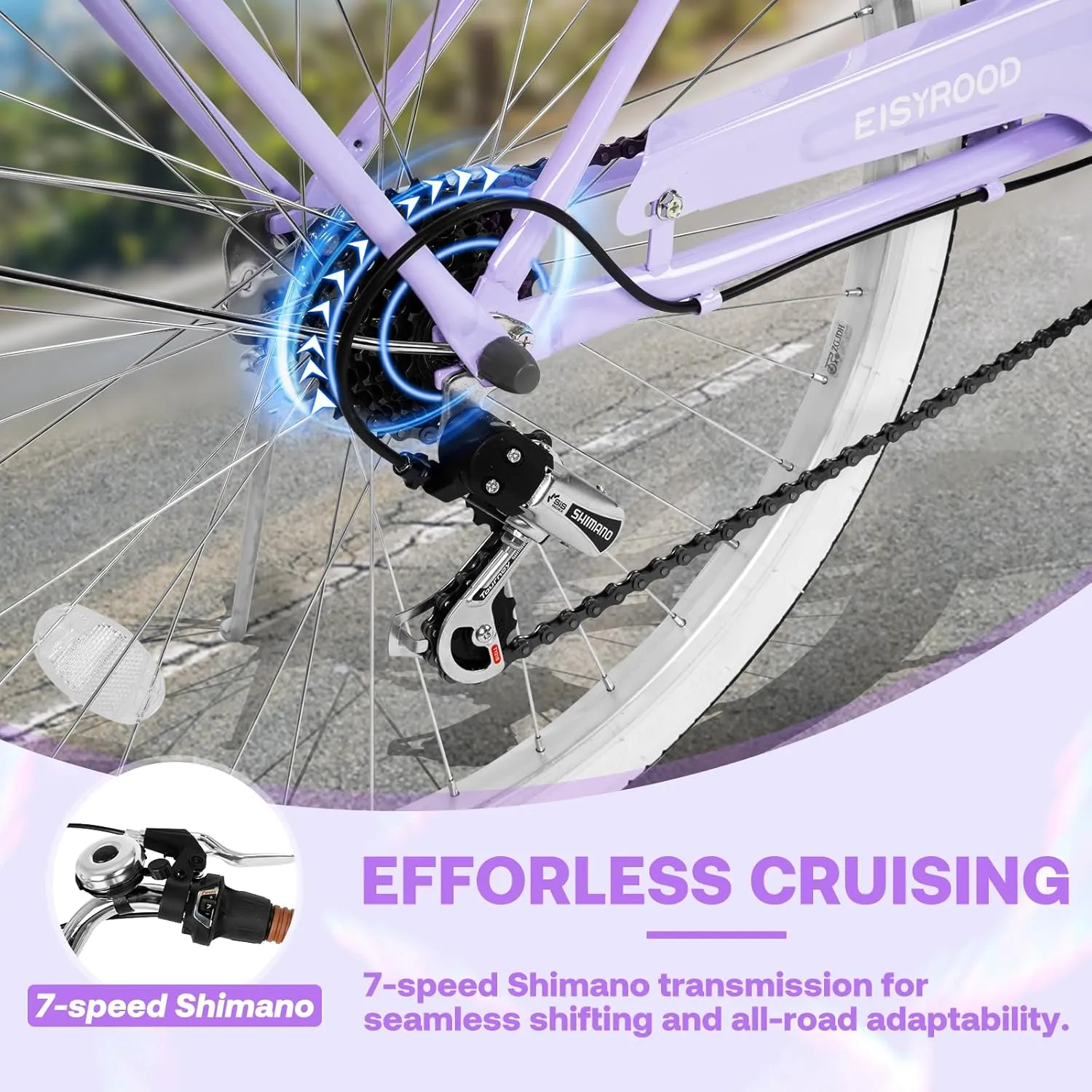 26 Inch Women Beach Cruiser Bike, 7 Speed Hybrid Cruiser Bike with Adjustable Seat, Beach Cruiser Commute Bike with Lightweight, Anti-Skid Tires & V-Brakes for Women