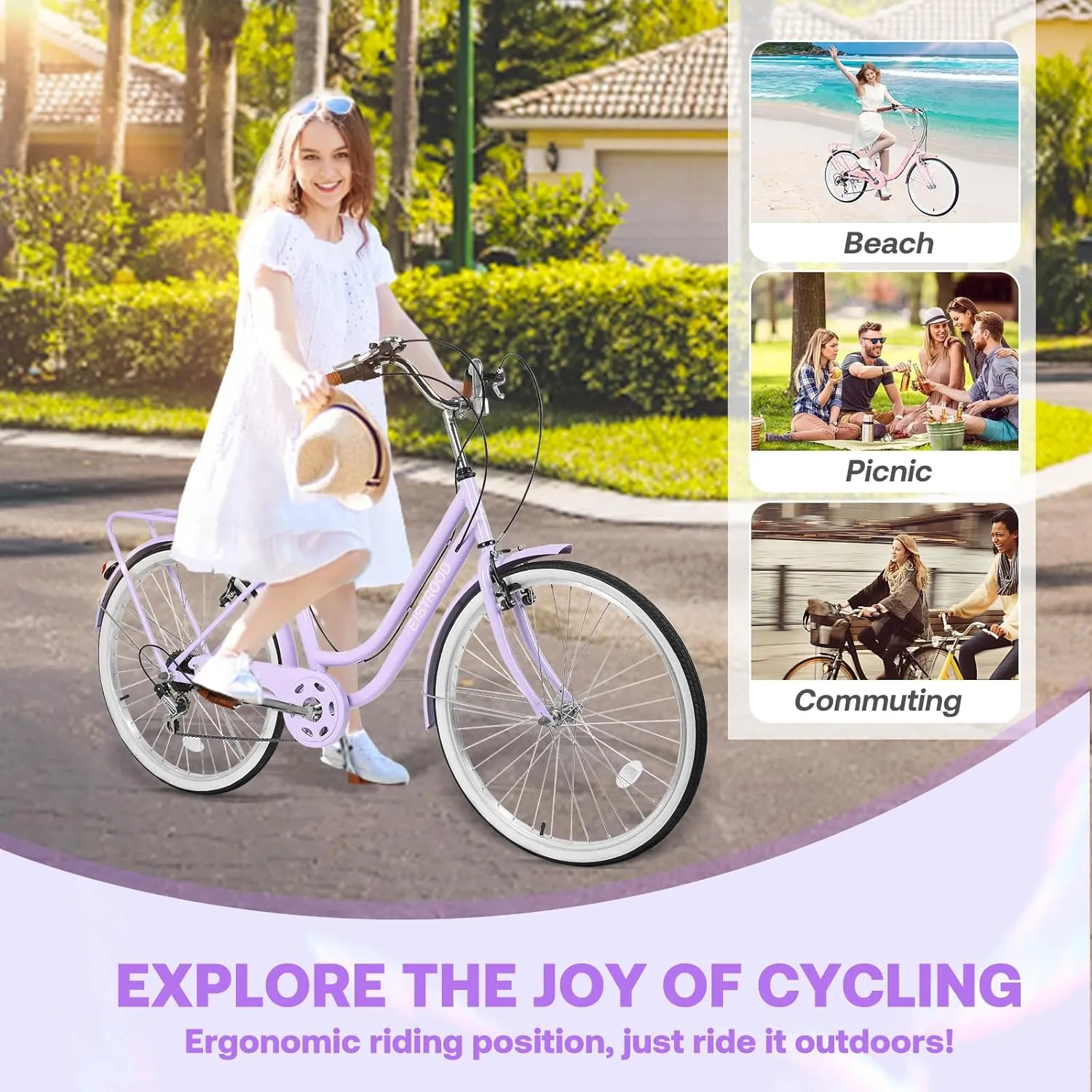26 Inch Women Beach Cruiser Bike, 7 Speed Hybrid Cruiser Bike with Adjustable Seat, Beach Cruiser Commute Bike with Lightweight, Anti-Skid Tires & V-Brakes for Women