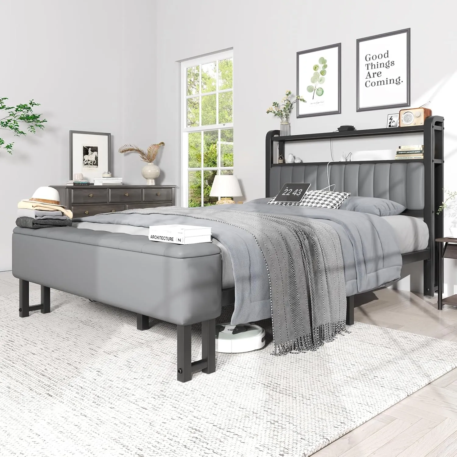 3 Piece Bedroom Set,Full Size Bed Frame with Star Projector & Charging Station,Grey Bedside Table with Charging Station,Upholstered Headboard with Storage, No Box Spring Needed, Grey