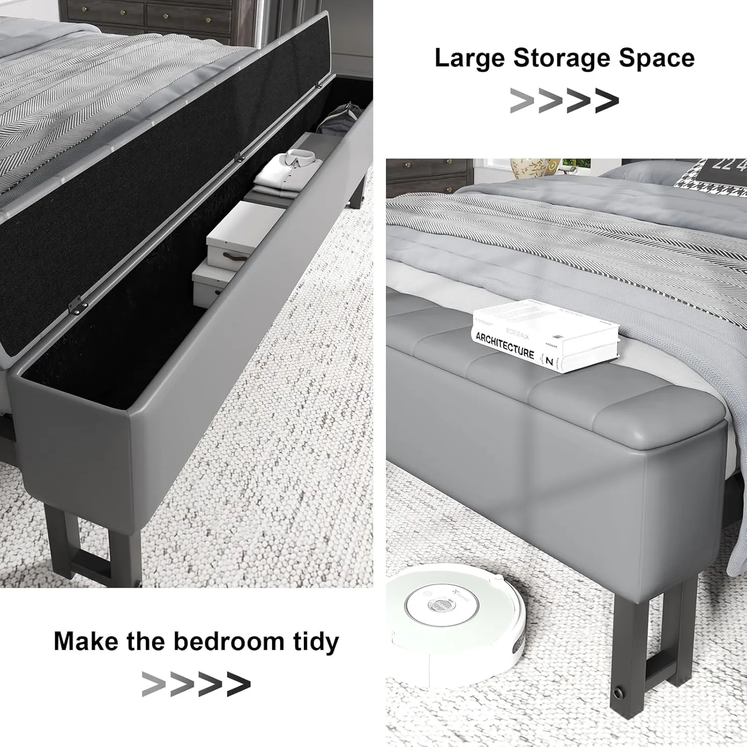 3 Piece Bedroom Set,Full Size Bed Frame with Star Projector & Charging Station,Grey Bedside Table with Charging Station,Upholstered Headboard with Storage, No Box Spring Needed, Grey