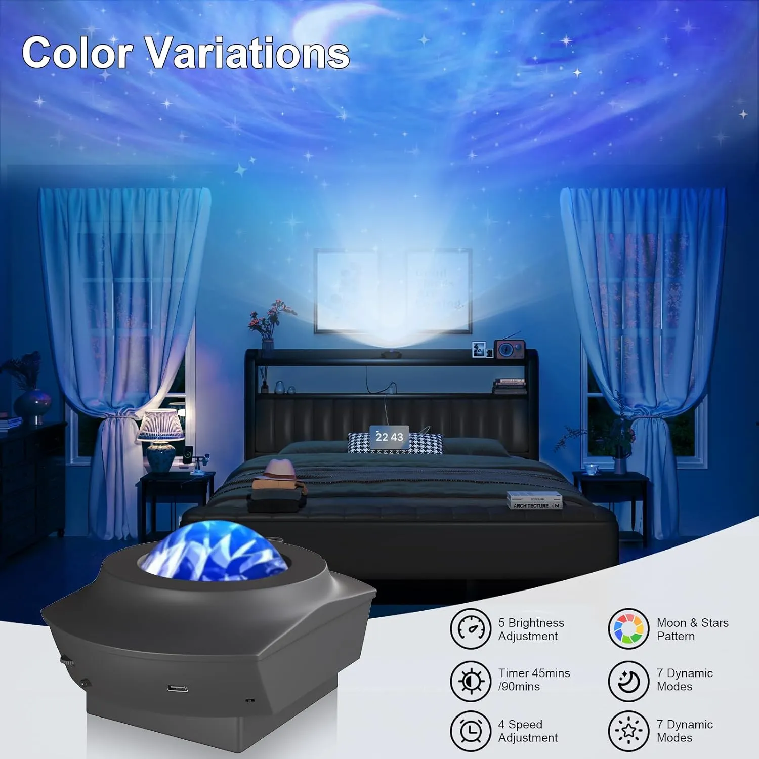 3 Piece Bedroom Set,Full Size Bed Frame with Star Projector & Charging Station,Grey Bedside Table with Charging Station,Upholstered Headboard with Storage, No Box Spring Needed, Grey