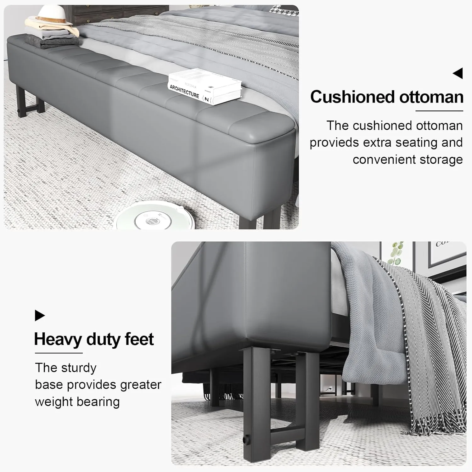 3 Piece Bedroom Set,Full Size Bed Frame with Star Projector & Charging Station,Grey Bedside Table with Charging Station,Upholstered Headboard with Storage, No Box Spring Needed, Grey