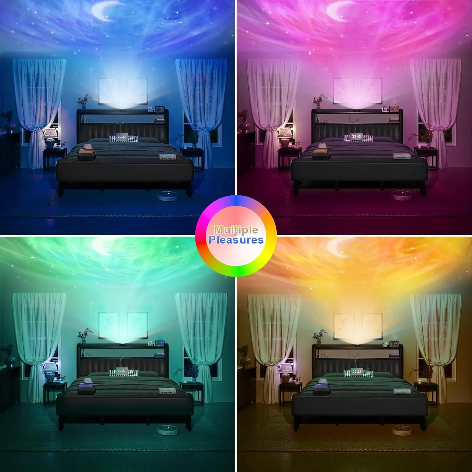 3 Piece Bedroom Set,Full Size Bed Frame with Star Projector & Charging Station,Grey Bedside Table with Charging Station,Upholstered Headboard with Storage, No Box Spring Needed, Grey