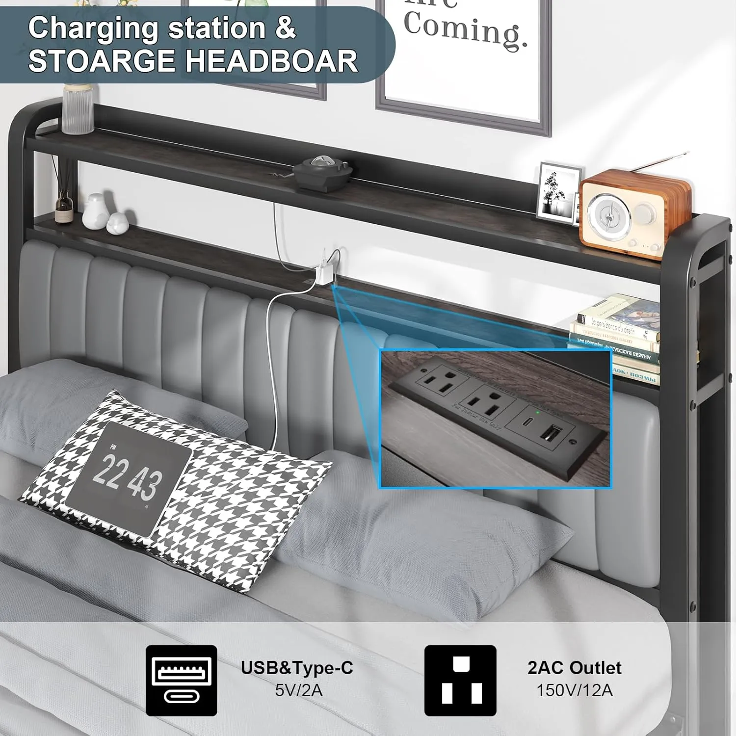 3 Piece Bedroom Set,Full Size Bed Frame with Star Projector & Charging Station,Grey Bedside Table with Charging Station,Upholstered Headboard with Storage, No Box Spring Needed, Grey
