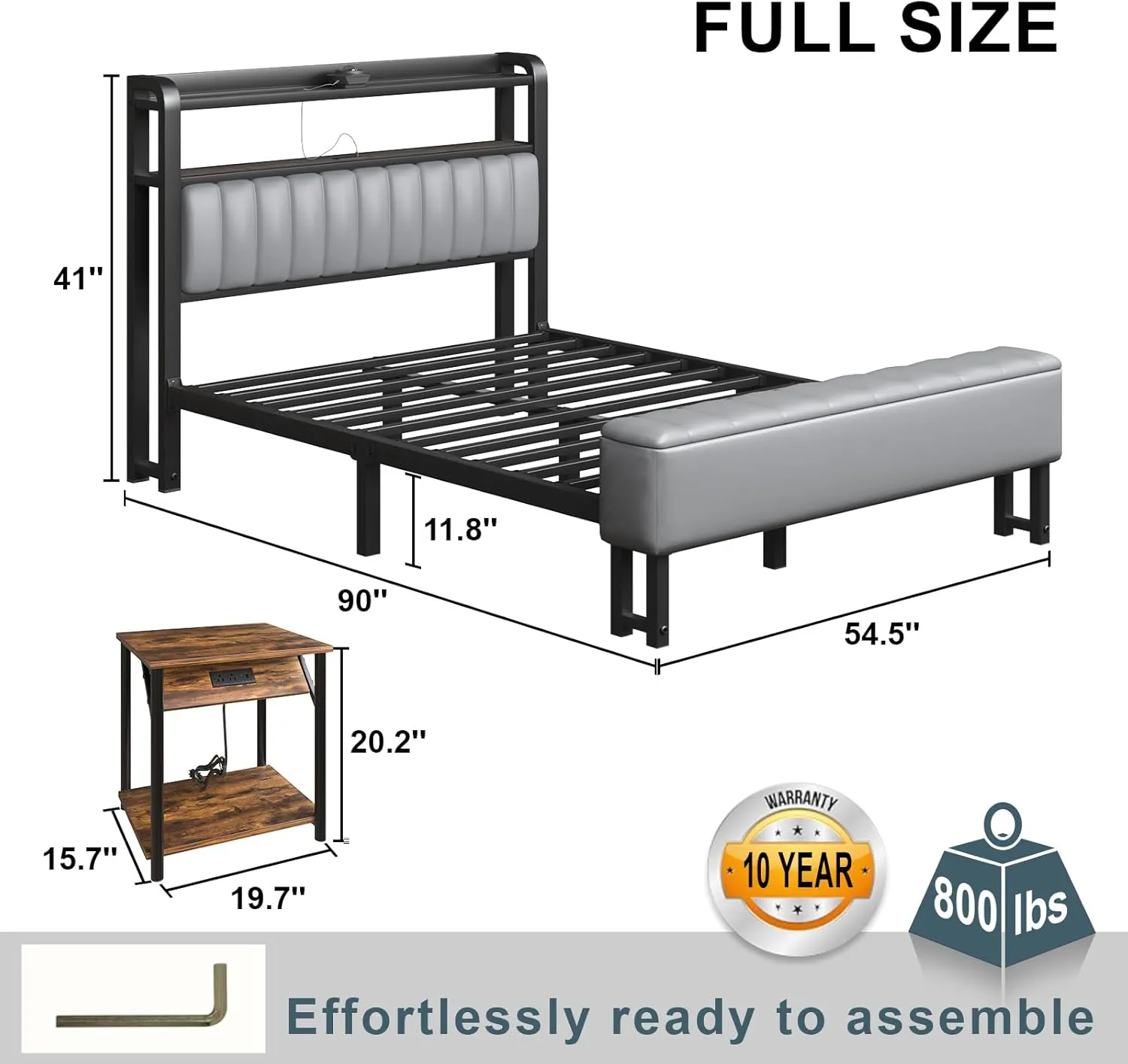 3 Piece Bedroom Set,Full Size Bed Frame with Star Projector & Charging Station,Grey Bedside Table with Charging Station,Upholstered Headboard with Storage, No Box Spring Needed, Grey