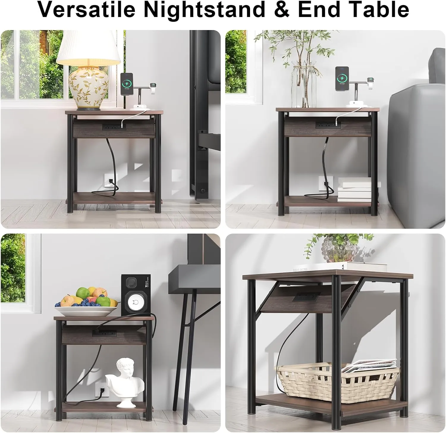3 Piece Bedroom Set,Full Size Bed Frame with Star Projector & Charging Station,Grey Bedside Table with Charging Station,Upholstered Headboard with Storage, No Box Spring Needed, Grey