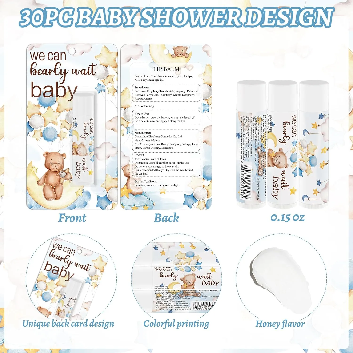 30 Pack Bear Baby Shower Bulk Lip Balms Games Prizes Party Gifts for Guests Friends Colleagues Gender Reveal Favors Decorations Souvenirs Baby Gift Bags Stuffers(Bear)