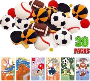 30 Pack Valentine's Day Gifts Cards for Kids Classroom School, Sports Erasers Valentine's Gifts for Kids,Valentine's Day Cards for Boys, Mini Football Basketball Soccer Sport Ball Cards for Boy