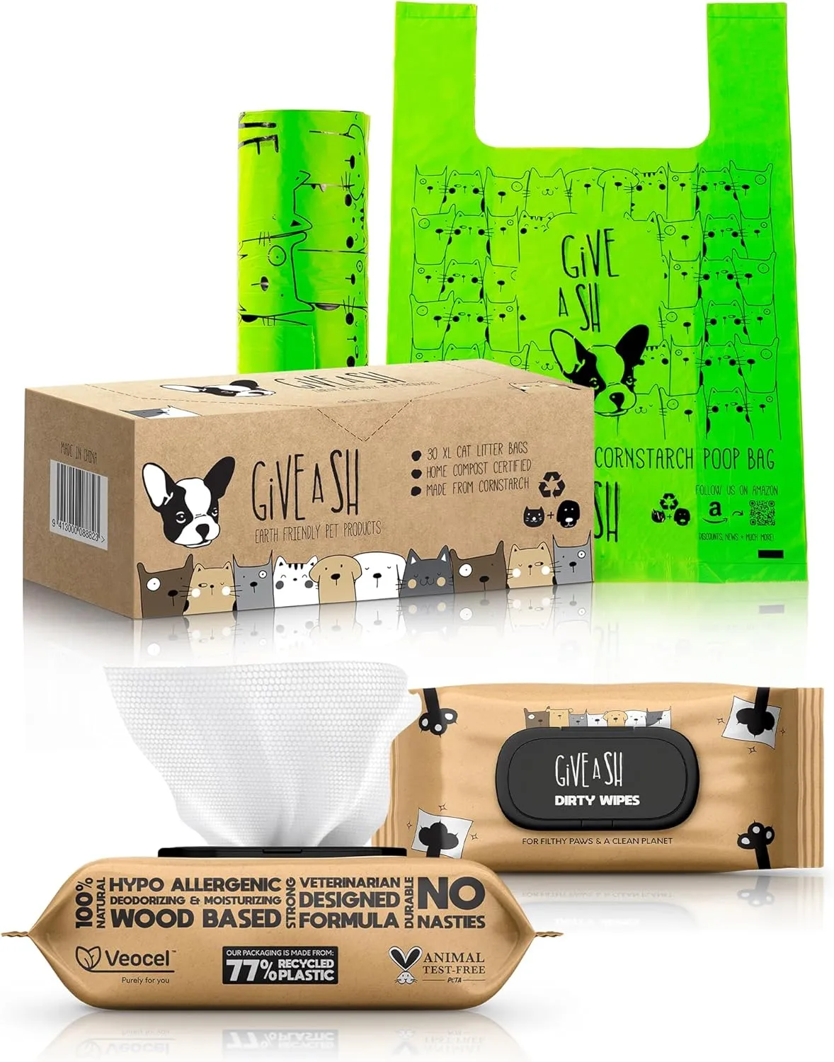 30 XL Compostable Cat Litter Bags and 100 Plant-Based Pet Wipes – Champion Animal Welfare & The Planet
