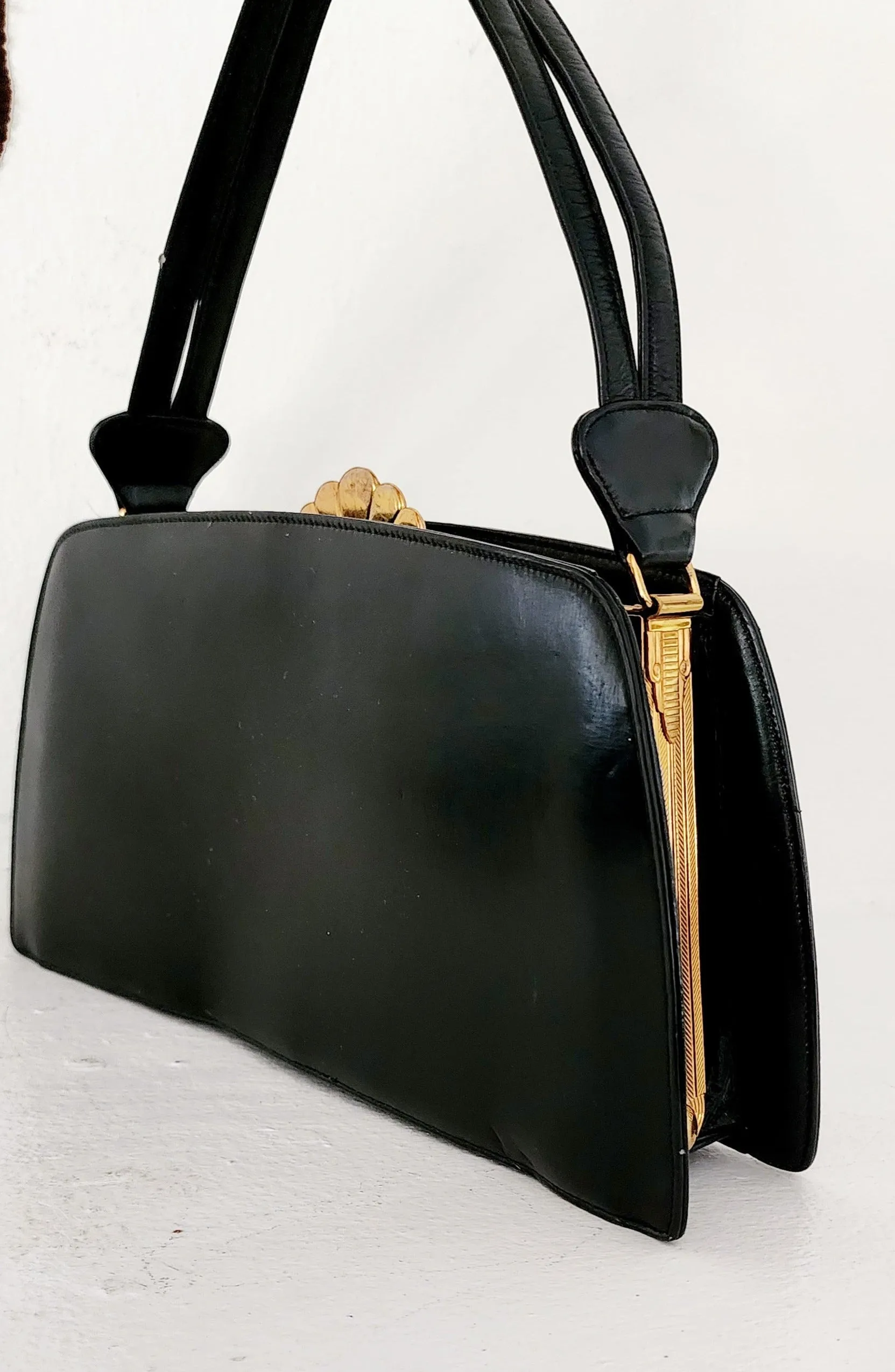 30s Black Leather Bag Gold Art Deco Clasp Evans