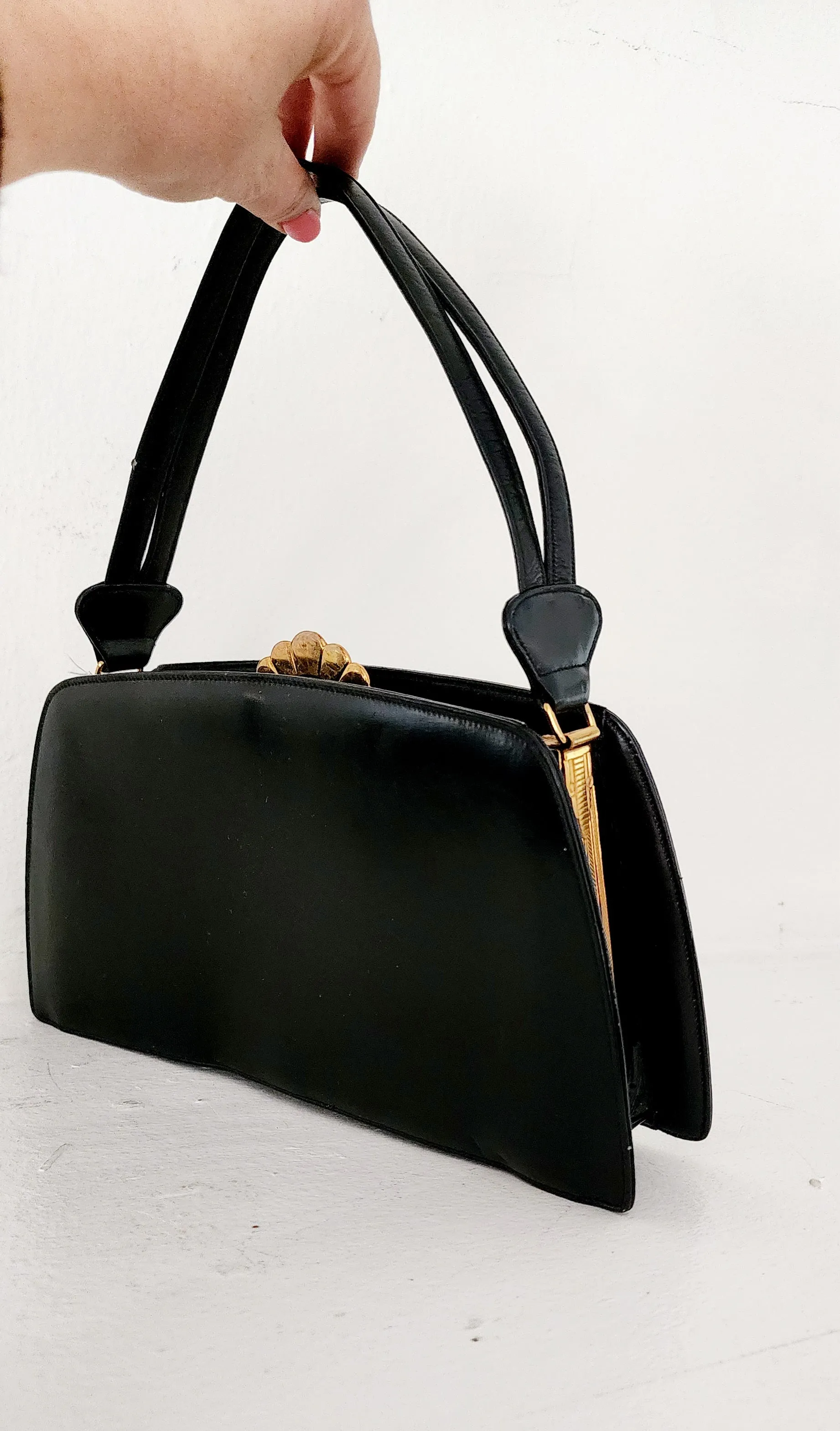 30s Black Leather Bag Gold Art Deco Clasp Evans