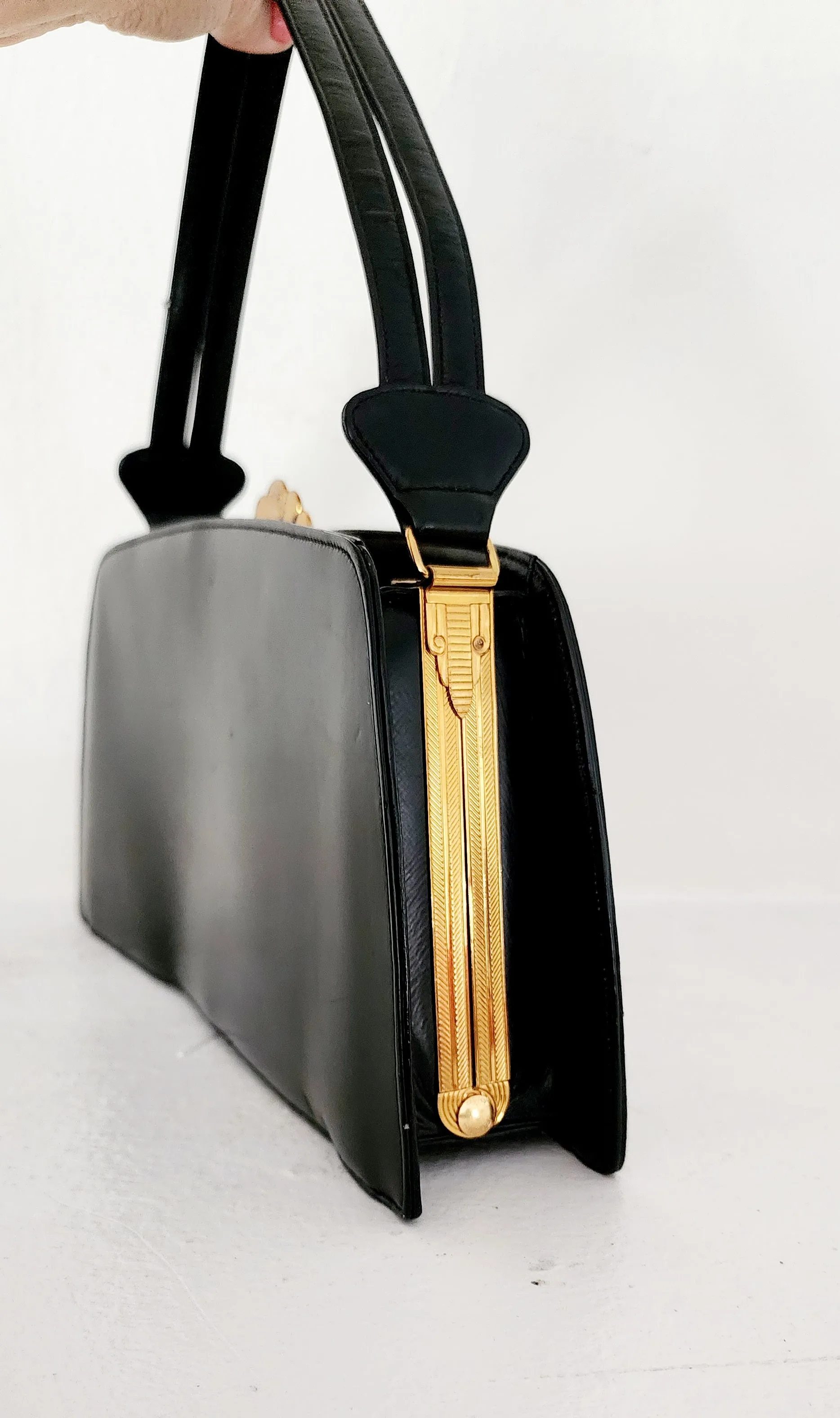 30s Black Leather Bag Gold Art Deco Clasp Evans