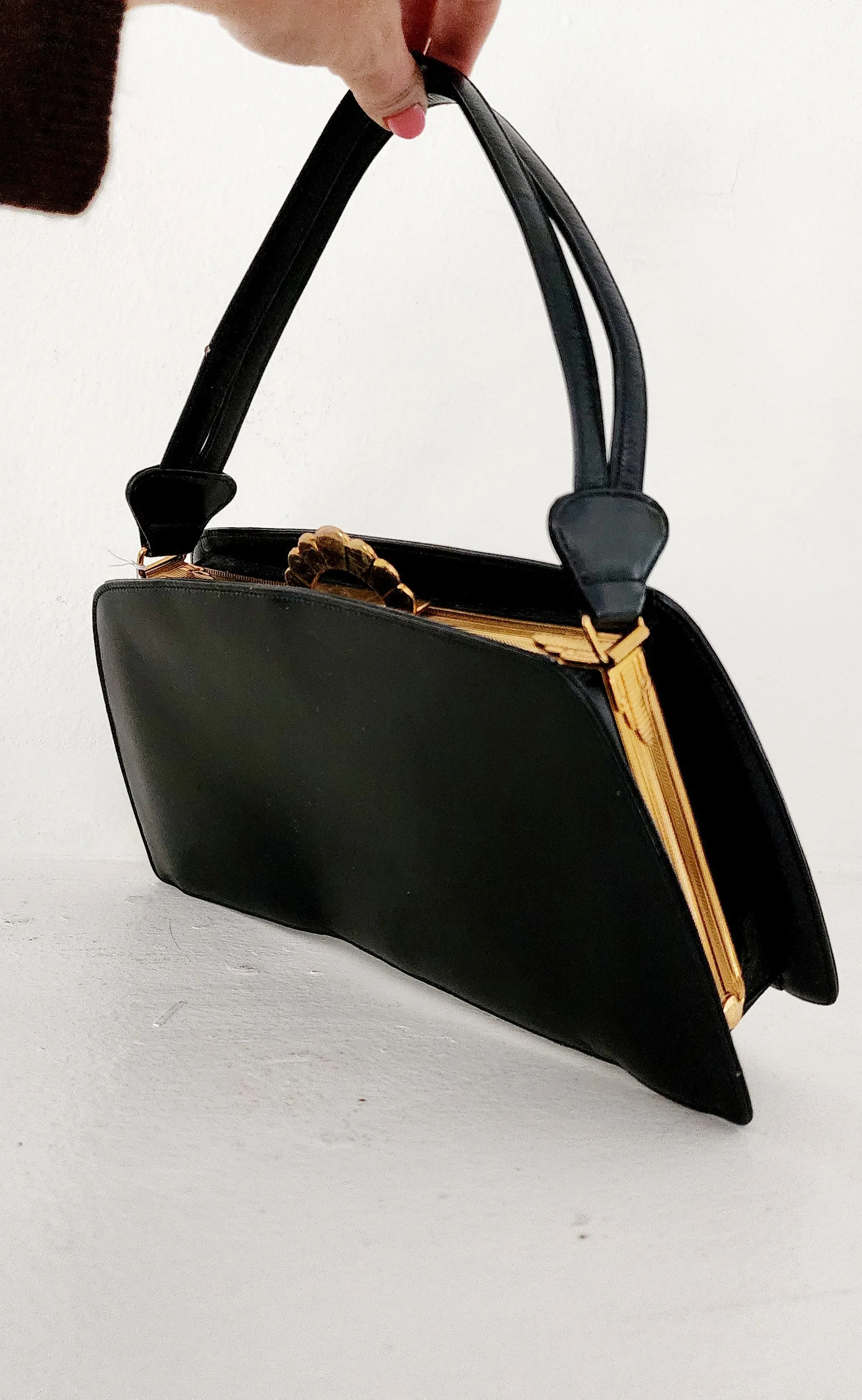 30s Black Leather Bag Gold Art Deco Clasp Evans