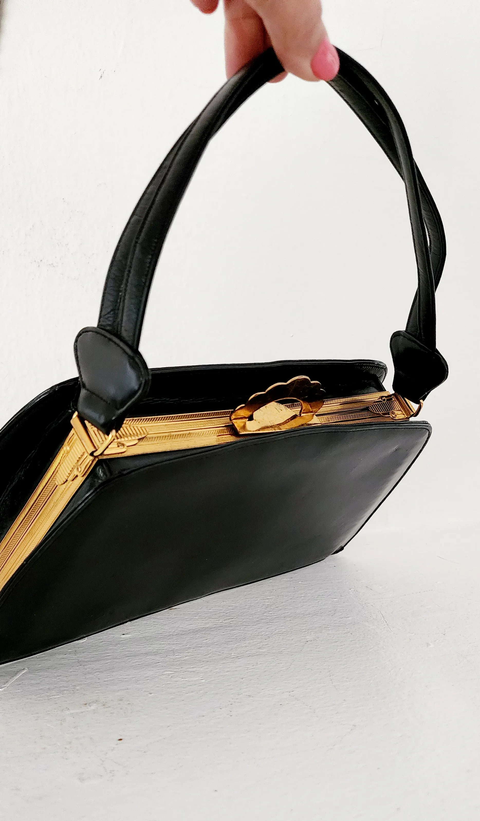30s Black Leather Bag Gold Art Deco Clasp Evans