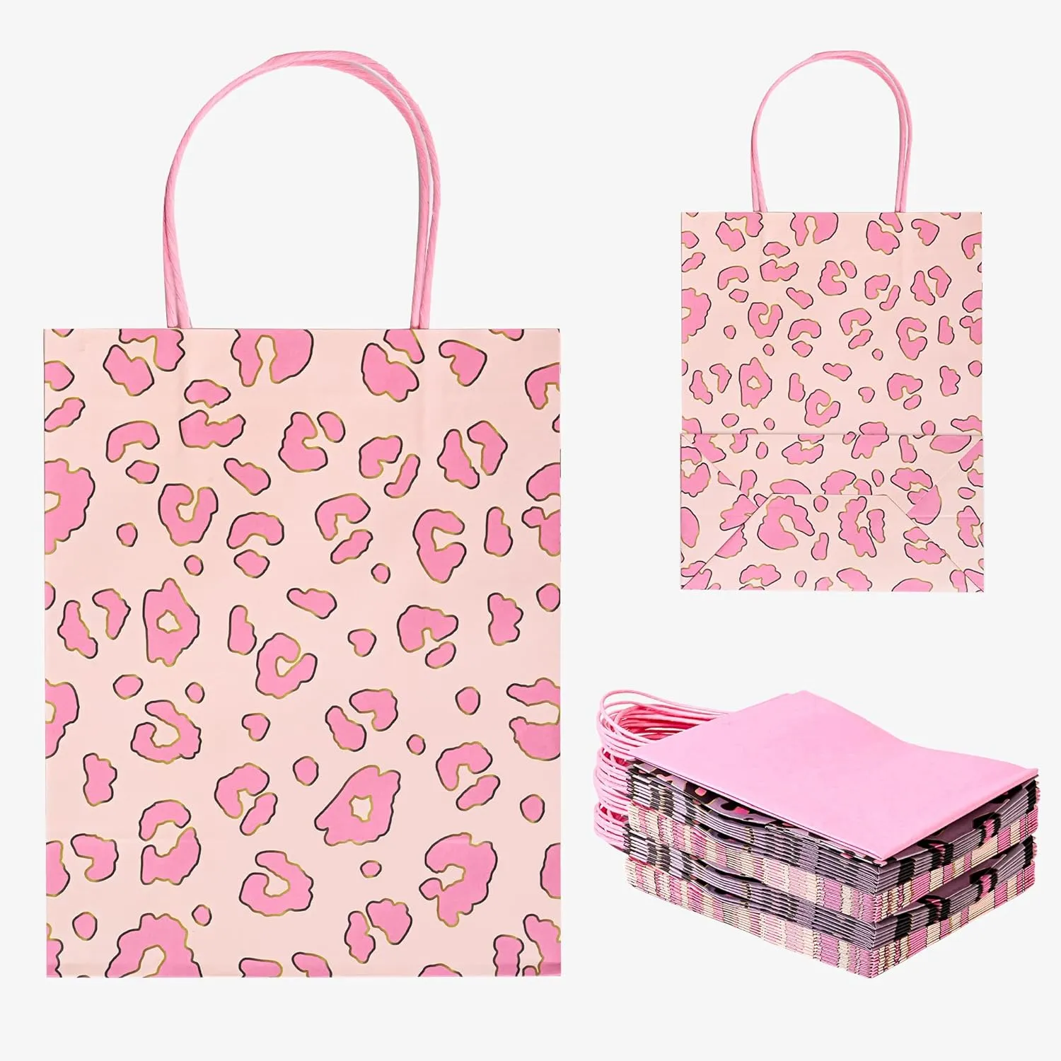 36 Pack 10'' Medium Pink Leopard Cheetah Print Paper Gift Bags with Handles and Pink Tissue Paper for Birthdays, Bridal Showers, Wedding Party Favors, Boutiques, 10x8x4 Inch (2 Assorted Designs)