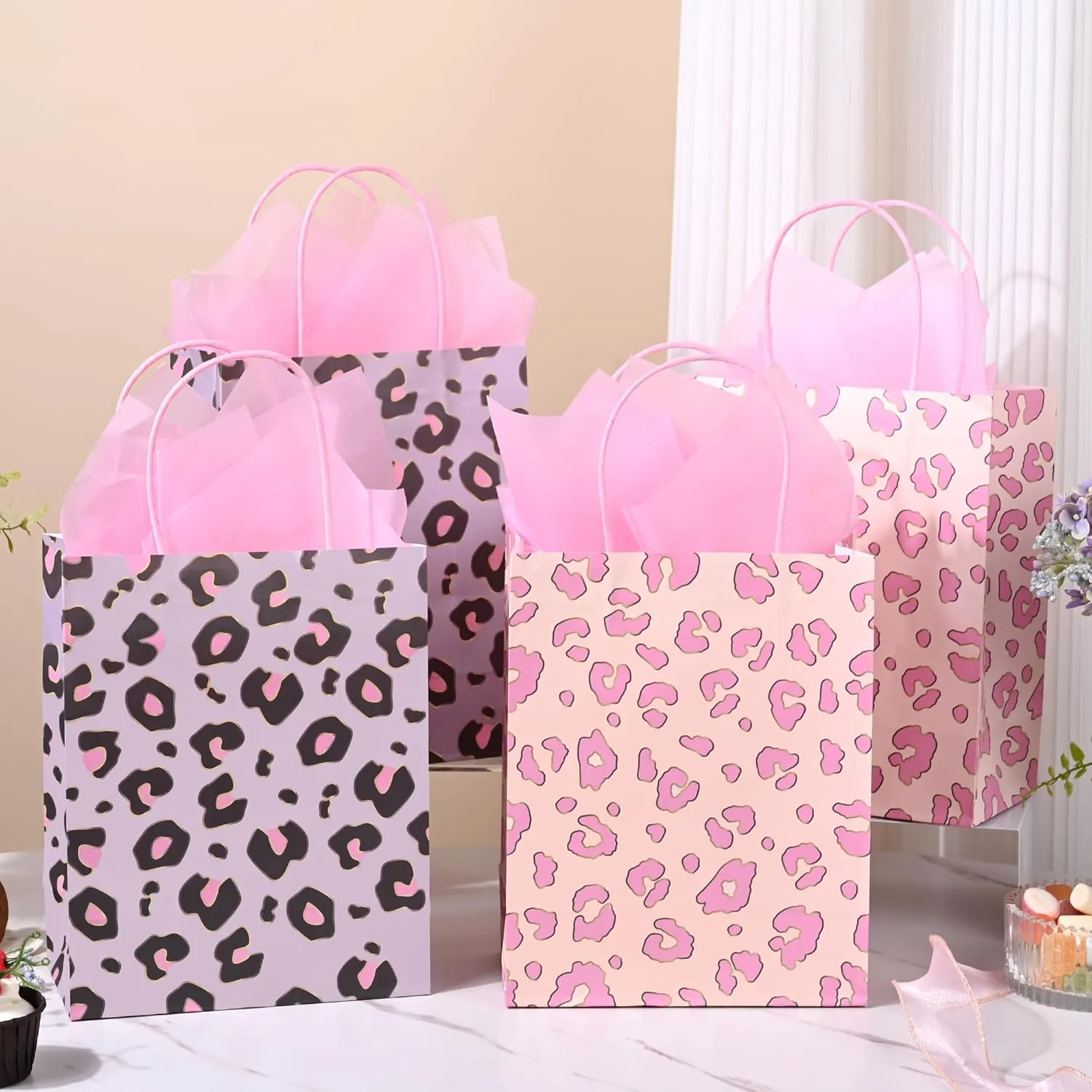 36 Pack 10'' Medium Pink Leopard Cheetah Print Paper Gift Bags with Handles and Pink Tissue Paper for Birthdays, Bridal Showers, Wedding Party Favors, Boutiques, 10x8x4 Inch (2 Assorted Designs)